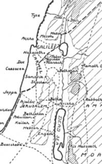 Monochrome Bible atlas map with hand-lettered labels, heavy black water outlines, dashed route and boundary networks, and gray hatching for distinct hypsometric elevation.
