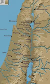 The map uses a tan shaded land basemap with medium-blue water, blue-green drainage lines, dark serif settlement labels with black dot symbols, italic serif water and mountain labels, and pale sans-serif regional labels.