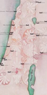 Soft full-color atlas styling with muted pink land regions, teal-green water, reddish internal linework, dark serif labels, and ornamental floral patterning over the land.