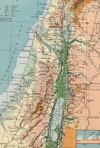 Physical-style Bible atlas sheet with dense place names, green lowland tinting, peach and cream regional tints, and brown shaded-relief treatment around the hill country and escarpments.
