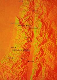 The map uses a photographic/manual shaded-relief style with highly saturated orange, red, and yellow tones. Place and region information is minimal, with dark sans-serif labels and triangular point symbols over the terrain.