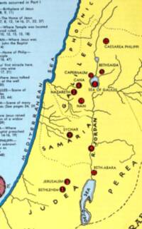 Bright flat-color Bible atlas map with yellow land, pale blue water, dark ink labels, dotted regional boundaries, and red numbered place markers.