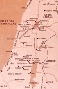 Flat two-color Bible atlas style with pale pink land, salmon water, and dark brown typography, symbols, rivers, and dashed boundaries.