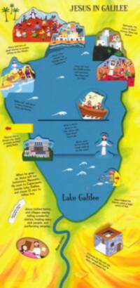 Bright children’s Bible atlas style with a simplified Lake Galilee shape, bold yellow-green land, dark teal water outlines, informal explanatory captions, and multiple cartoon pop-up scenes tied to Gospel events.