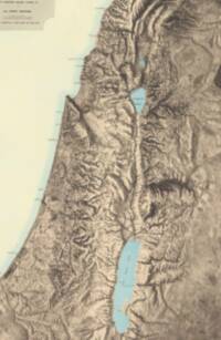 Sepia raised-relief map with strong manual hill shading and pale blue-green water bodies.