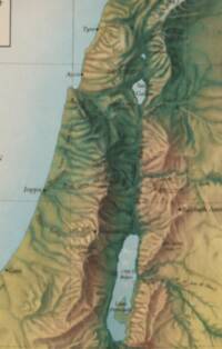 The map uses shaded manual relief combined with landcover coloring, pale blue-green water, dark hydrography, and a muted green-gray graticule.