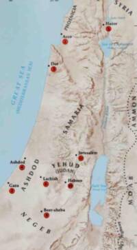 Flat full-color Bible atlas map with pale blue water, beige land, manual brown relief shading, black serif labels, and red numbered city markers.