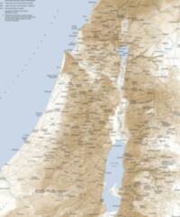 The map uses a pale blue water field, warm tan land base, and dense manual hill shading, with most feature names in dark gray sans-serif type.
