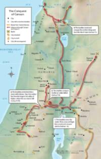 Modern full-color Bible atlas map with shaded hypsometric base, white graticule, blue water and river network, black serif place labels, large spaced regional names, and prominent red and orange conquest-route arrows with explanatory callout boxes.