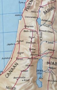 Cropped Levant map with shaded beige relief, light blue seas and rivers, blue graticule lines, magenta-red regional boundaries, and black italic place names with filled-dot city symbols.