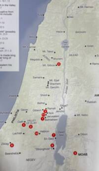 The map uses a muted landcover base with digital shaded relief, blue-gray water bodies, dark near-black text and point symbols, and red numbered event markers.