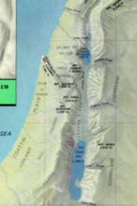 The map uses bare-earth coloring with manual shaded relief, blue-green water, fine graticule lines, and rotated labels following rivers, ridges, and regional landforms.