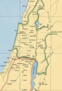 Flat-color school atlas map with pale land, blue water, dark brown-black labels and symbols, a full-map graticule, and prominent colored territorial border bands.