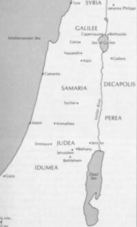 Monochrome flat map with white land, gray water, dark gray linework, filled-dot city symbols, italic water labels, and large uppercase sans-serif regional labels.