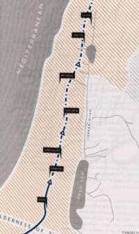 Minimal modern atlas styling with muted gray water, warm pale land, tan hatch patterning, black city callouts, and a dark dashed directional route.
