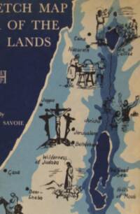 Mid-century educational sketch map with formal serif title lettering, handwritten place names, dark ink narrative scenes, and simplified distinct hypsometric color blocks.