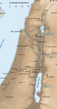 Full-color Bible atlas style with pale blue water, blue italic hydrography labels, dark settlement labels, black point symbols, and tan-brown hypsometric land tints.