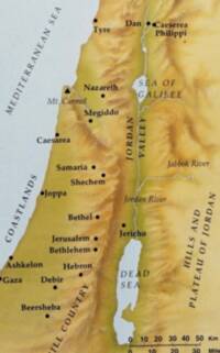 Raised-relief hypsometric base map with tan-to-brown elevation shading, pale blue water, and dark serif labeling.