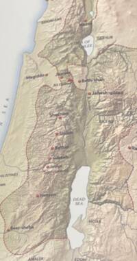The map uses a satellite-style shaded relief basemap with tan land tones, pale gray-blue water, red city dots, and red-brown dashed regional boundaries.