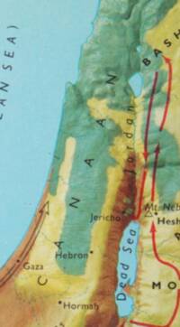 Cropped atlas map portion with colored landcover, shaded relief, labeled regions, cities, waters, the Jordan River, and directional route arrows.