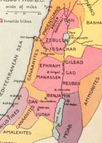 Flat hand-colored Bible atlas map with broad colored tribal and neighboring regions, dark hand-lettering, dotted internal boundaries, and simple open-circle city symbols.