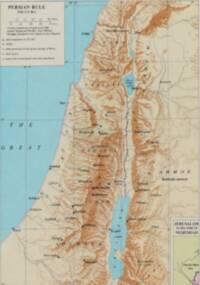 Full-color flat atlas map with pale blue water, warm beige land, dense brown manual relief shading, dark overprinted labels, graticule lines, and inset title/legend panels.