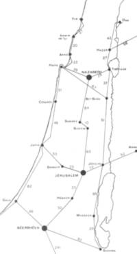 Monochrome grayscale route-style map with hand-lettered uppercase place names, filled dot settlement symbols, solid inter-city route lines, and numeric distance annotations.