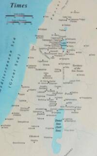 Flat Bible atlas style with beige land, blue water, dark point symbols for settlements, and serif italic regional and physical labels.