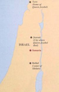 Flat-color Bible atlas crop with peach land, pale blue water, solid city dots, and dark serif labels; Samaria is emphasized in red.