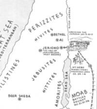 Monochrome hand-lettered line map with stippled water, white land, open-circle city symbols, and numbered arrows marking biblical movements or events.