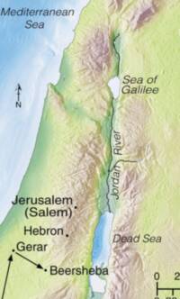 The map uses shaded digital relief with hypsometric elevation tints, blue water gradients, black sans-serif labeling, and black movement arrows in the southern part of the map.