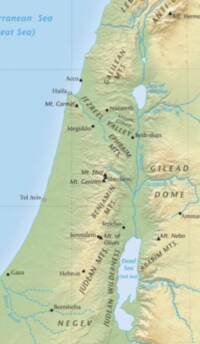 Full-color shaded-relief Bible atlas map with hypsometric land tints, teal water features, dark serif settlement labels, and dark sans-serif regional/range labels.