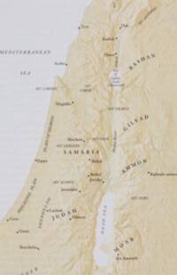 The map uses a warm beige flat basemap with digital shaded relief, pale gray-blue water, and dark brown serif labeling; region names are shown typographically rather than with colored area fills.