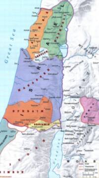 The map combines colored tribal-region fills with gray shaded relief and a pale cyan water treatment. Labels use black sans-serif settlement names, blue italic water names, and dark red all-capital tribal names.
