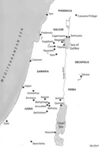 Monochrome flat atlas map of Palestine with gray water, white land, solid city dots, and dark sans-serif labeling.