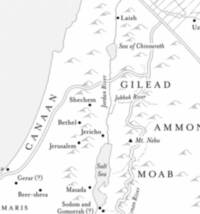 Monochrome Bible atlas style with white land, very light gray water, black serif labels, and gray hand-drawn hill relief.