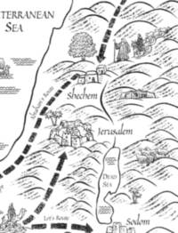 Monochrome pen-and-ink children’s atlas style with unprinted white land and water, black coastlines, thick dashed route arrows, pictorial city scenes, and illustrated hill relief.