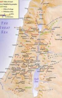 Flat tan land with digital shaded relief, pale lavender water, colored regional text, black city labels with dot symbols, and a cream legend panel are visible.