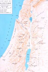 A cropped upper-left inset contains the title, scale, and legend over the Mediterranean. The map combines flat pale land with hand-drawn peach relief shading, cyan water, dark place labels, and widely spaced regional names.