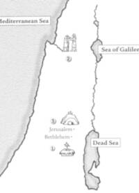 Monochrome schematic map with stippled water areas, boxed water labels, city dots, and simple gray line drawings marking numbered biblical events.