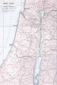 Flat printed atlas style with pale blue water, pale pink land, dark gray labels, graticule, route network, and manual hachure relief.