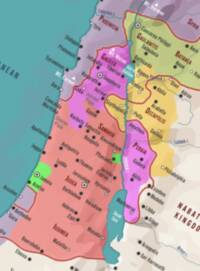 Modern digital atlas styling with rotated view, teal water, shaded beige land base, semi-transparent colored regional polygons, thick red regional borders, and dark city point symbols.