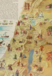 Pictorial Bible-atlas style with painted terrain, warm tan regional coloring, blue-green water, dark-brown calligraphic labels, and dense narrative vignettes integrated directly into the map.