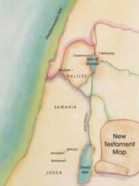 Flat watercolor-style Bible atlas map with mottled paper texture, soft colored regional boundary washes, dark sans-serif labels, and simple filled-dot city symbols.