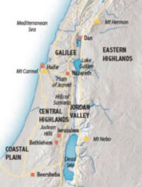 The map uses shaded hypsometric relief with dark charcoal labels, turquoise water, pale yellow route lines, red-orange city squares, and yellow triangular mountain symbols.