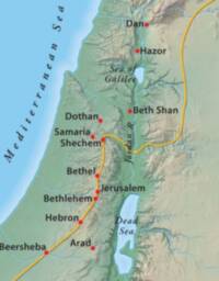 Relief-shaded hypsometric terrain with light blue water, red city dots, and a thick orange route line.