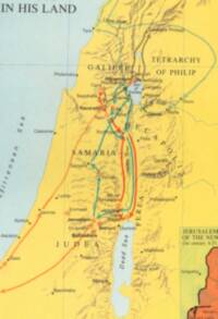 Full-color pictorial Bible atlas map with pale blue-green water, yellow land, brown manual relief shading, dark serif regional typography, sans-serif city labels, star point symbols, graticule lines, and multiple colored directional route arrows.