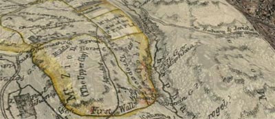 A partially transparent printed map overlays Jerusalem in Google Earth.